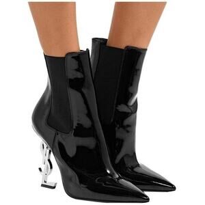 Saint Laurent OPYUM Black Patent Leather Pull On High Heel Ankle Boots Sz 10
